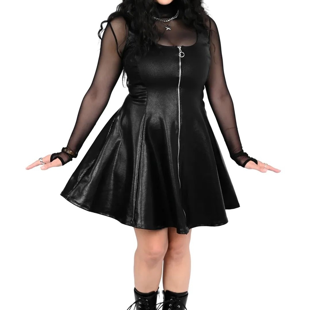 Black Faux Leather Zip-Front Mini Skater Dress